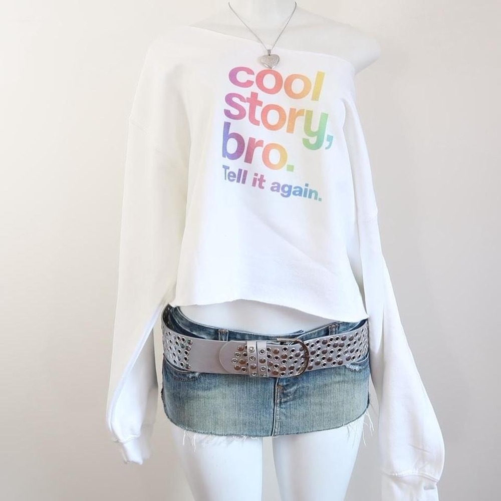 y2k cool story bro graphic off shoulder cropped sweatshirt rainbow